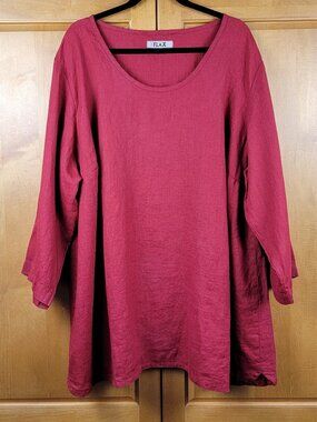 Flax Women's Burgundy Linen 3/4 Sleeve Pullover Scoop Neck Top - Size 24-26